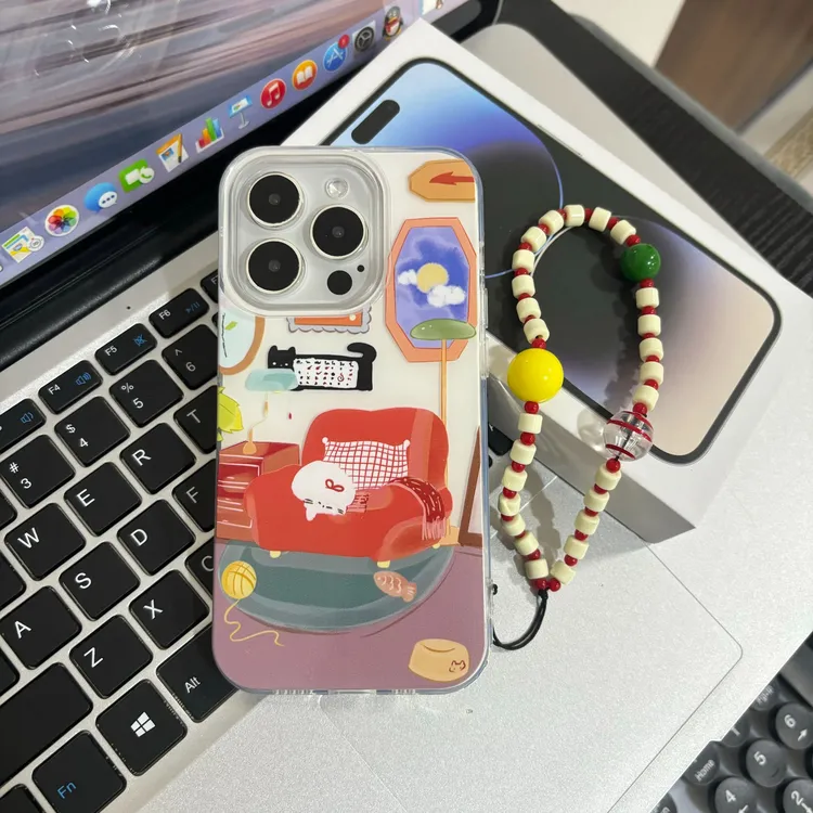 可爱趴趴小白猫双层印花手机壳适用iPhone13/14/15/16promax手绳