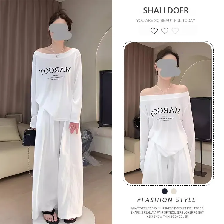 慵懒感时尚休闲套装女2026夏季新款露肩防晒t恤直筒阔腿裤两件套