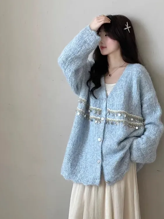 毛衣针织开衫外套新款时尚重工设计感亮片宽松慵懒风大码女装微胖