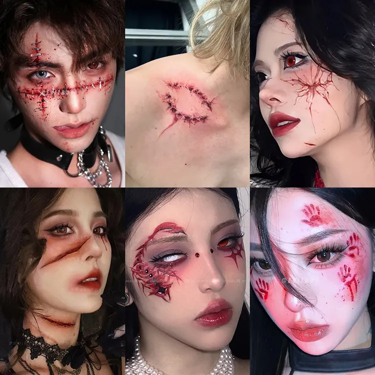 爆款万圣节恐怖氛围感COS仿真血液蝴蝶伤疤妆容纹身贴持久可水洗
