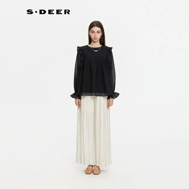 S·DEER圣迪奥女装秋季法式喇叭袖荷叶边雪纺衬衫上衣S253Z0522