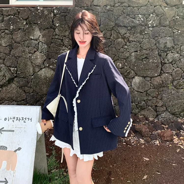 韩版高级感木耳边蕾丝撞色拼接西装外套女2025秋季新款百搭小西服