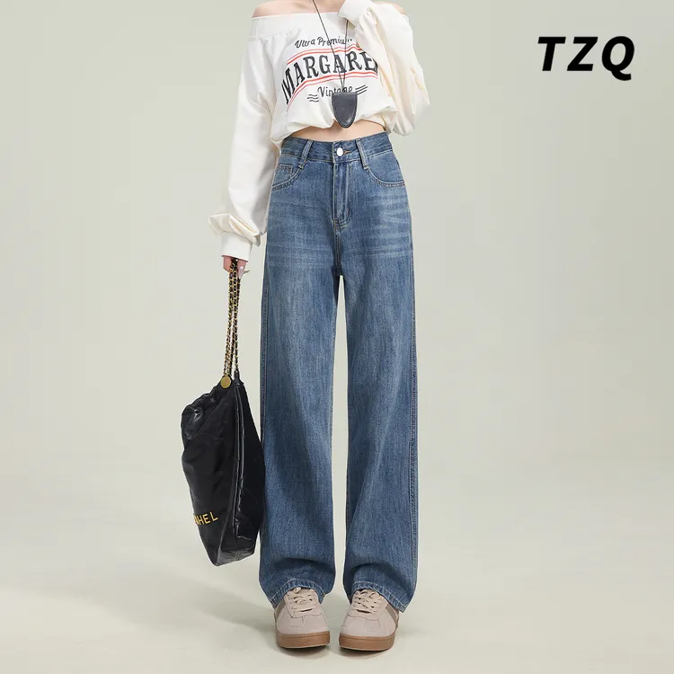 复古蓝2025春季高腰显瘦百搭牛仔裤女时尚设计感直筒裤TZQ2520853