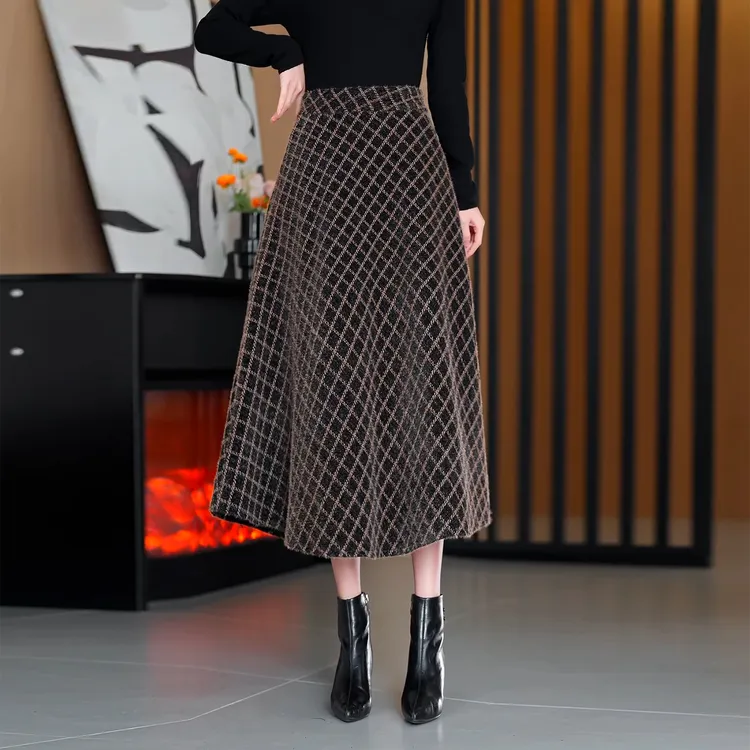 冬季加厚格子半身裙高腰显瘦a字大摆裙垂坠感百褶中长裙复古伞裙