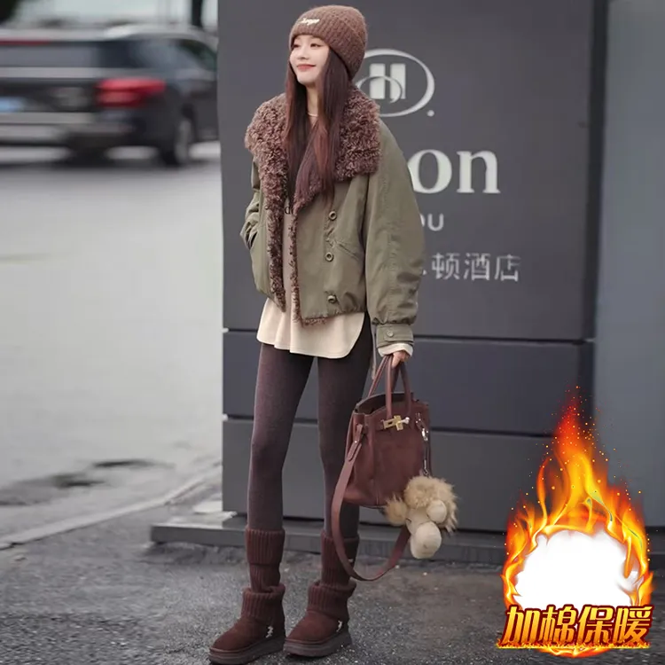 加厚欧货时尚拼接短外套女2025冬季新款宽松显瘦百搭毛领长袖上衣