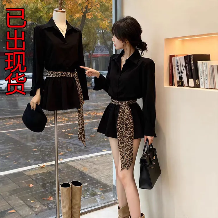 法式高级感黑色POLO领长袖衬衫连衣裙女秋季气质收腰显瘦打底短裙