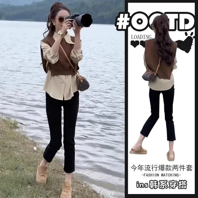 多巴胺服装女一整套初秋新款高级感长袖衬衫马甲两件套搭配小脚裤