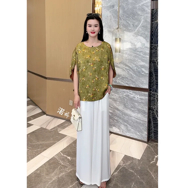 2025夏季新款气质圆领宽松提花上衣减龄阔腿裤两件套