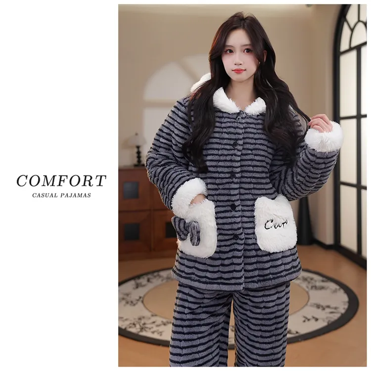 冬季三层夹棉加绒加厚条纹睡衣女长毛绒套装保暖休闲可外穿家居服