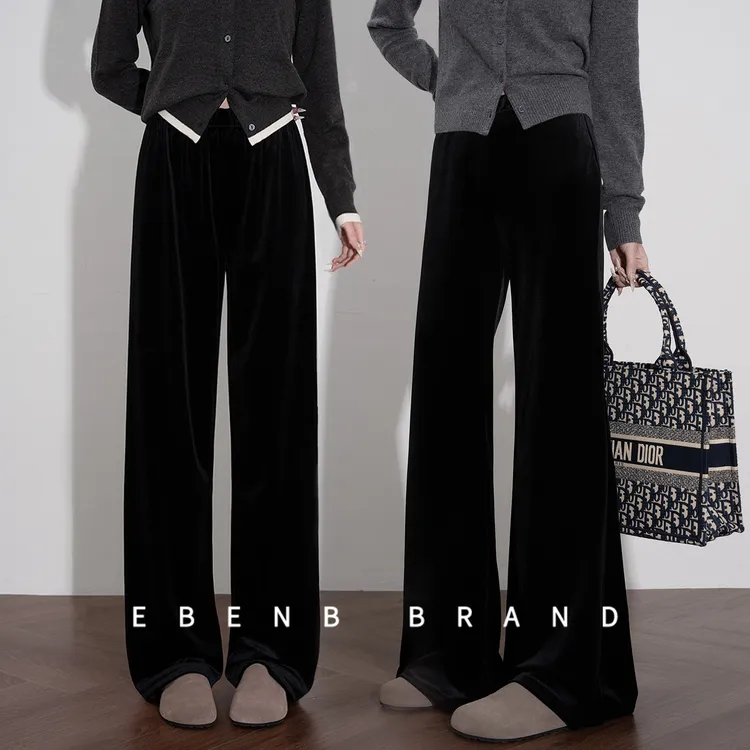 ebenb爆款女装裤子女裤直筒裤秋季2025新款金丝绒高腰微喇休闲裤