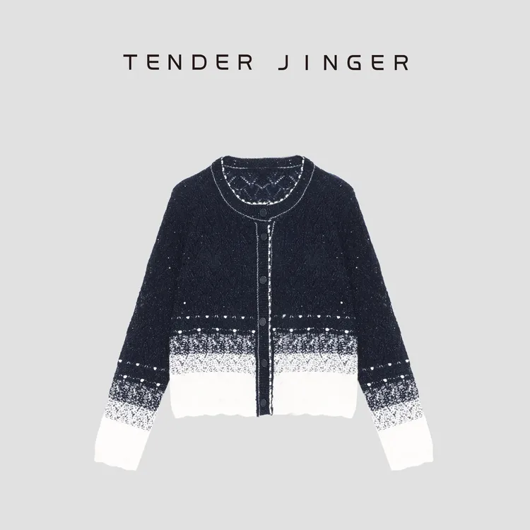 Tender Jinger【渐变细闪】单排扣圆领羊毛镂空针织衫T53MII41188