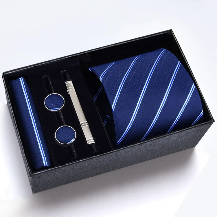 礼盒】男士领带套装领带夹商务正装8cm职业条纹拉链新郎结婚黑红色