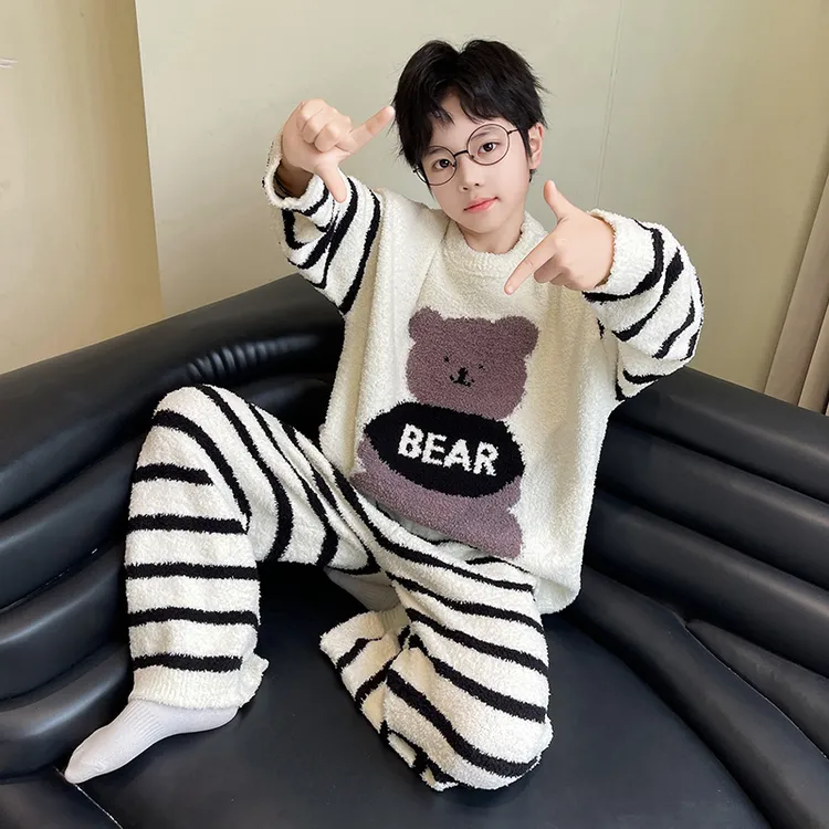 男童家居服秋冬保暖套装卡通半边绒睡衣可外穿女童加厚软绵慵懒风