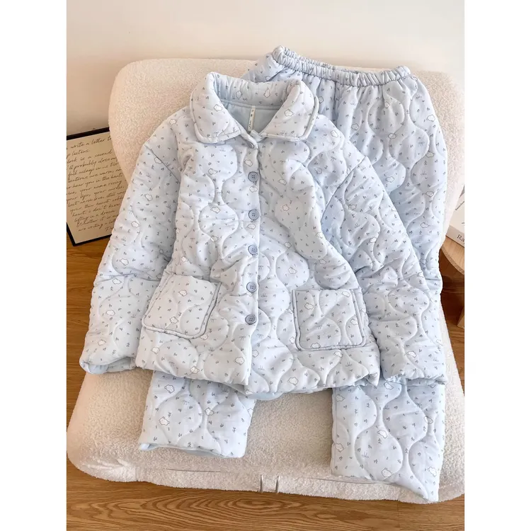 甜美可爱兔子碎花三层夹棉睡衣女冬季加厚保暖家居服两件套可外穿