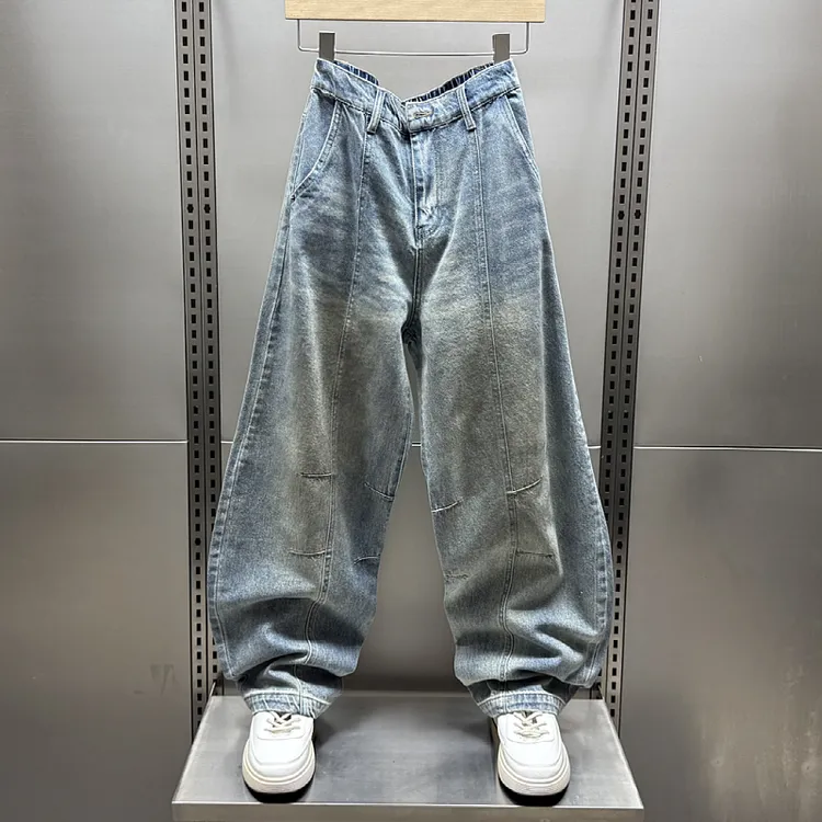 春季新款设计感立体裁剪做旧脏脏牛仔裤宽松阔腿裤高腰显瘦直筒裤