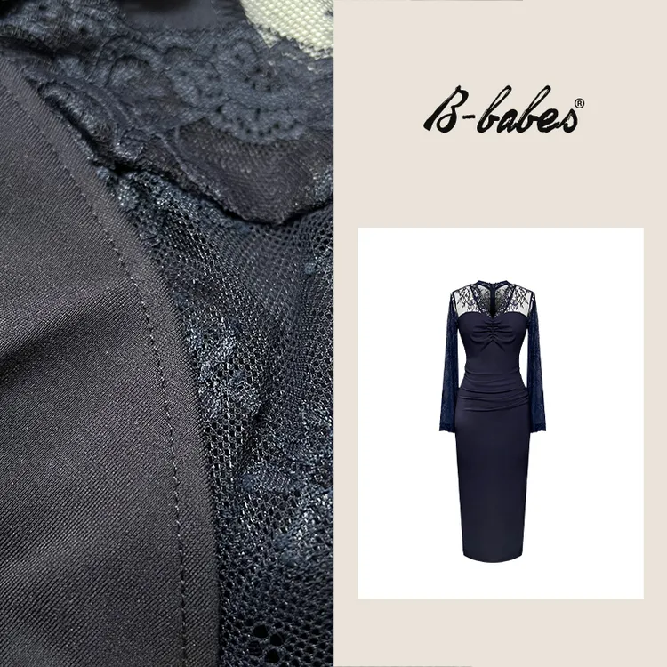 B-babes【舒缓协奏】性感蕾丝长袖连衣裙御姐修身包臀裙礼服长裙