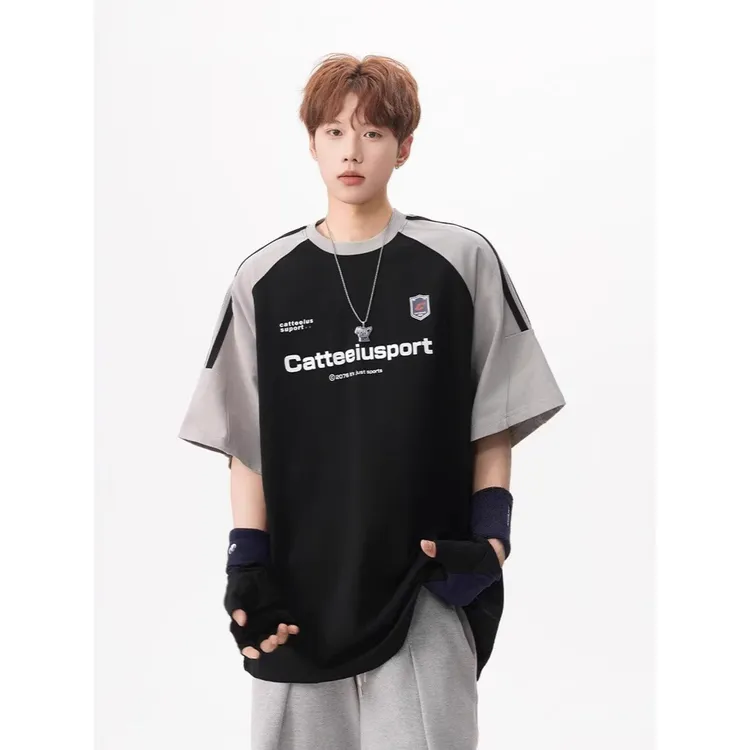 美式运动插肩袖拼色短袖T恤夏季新款宽松半袖街头上衣潮男装短袖