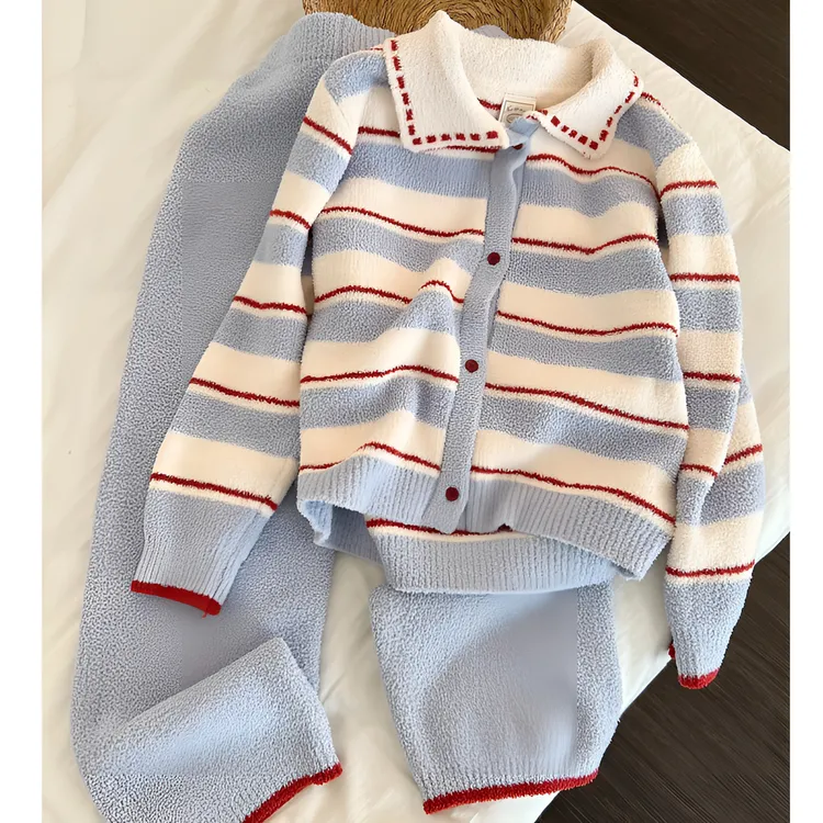 韩版撞色时尚条纹毛衣半边绒睡衣女早秋新款加厚家居服套装可外穿