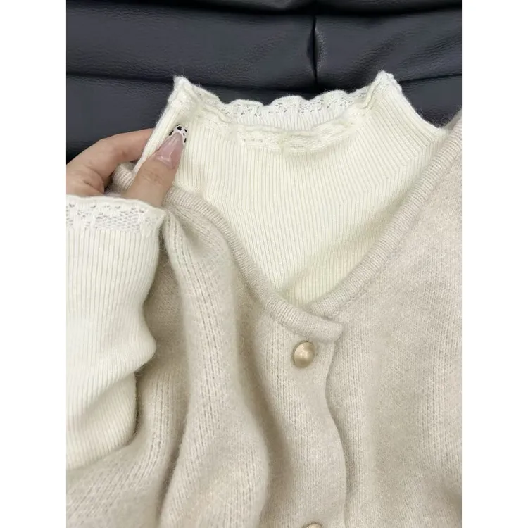 秋冬软糯针织上衣氛围感绝美打底女马甲叠穿两件套半高领花边毛衣