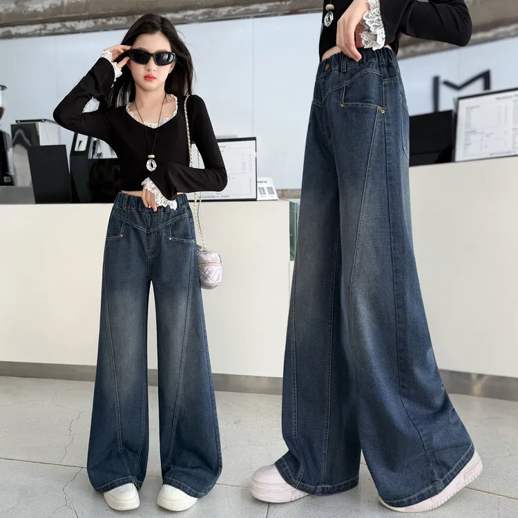 女童牛仔裤子秋季新款高腰直筒春秋百搭中大童宽松百搭拖地阔腿裤