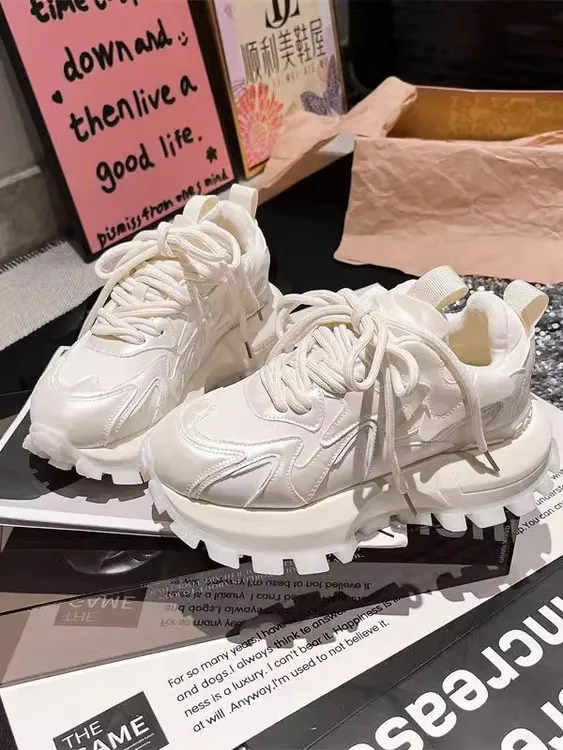 欧洲站时尚珠光系带厚底松糕老爹鞋女显瘦小蛮腰运动鞋小白鞋女鞋