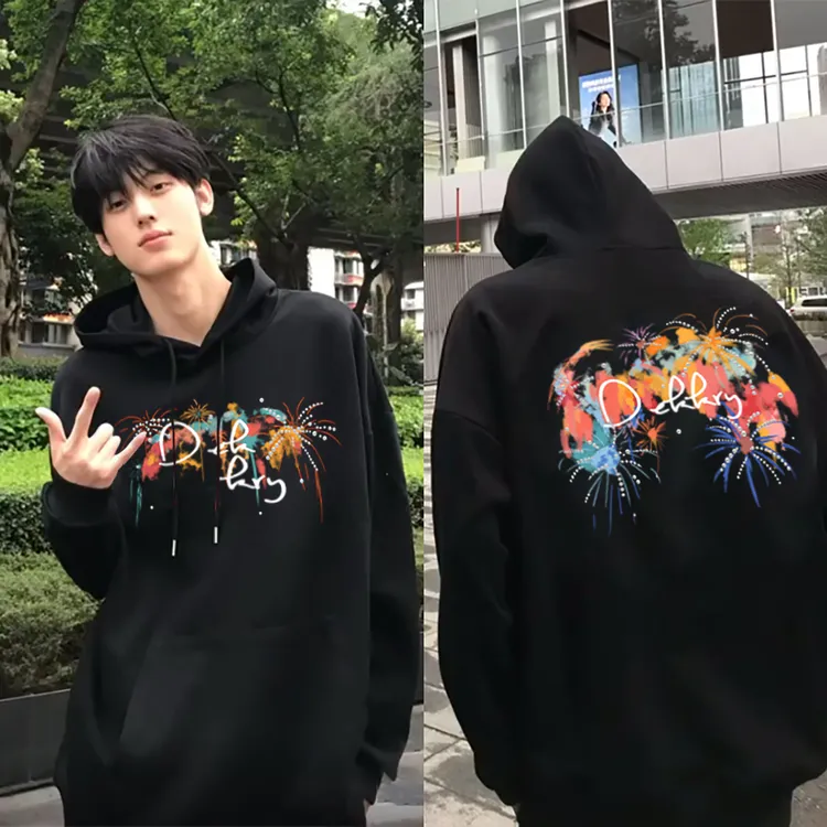 美式创意烟花字母印花连帽卫衣男女秋冬潮牌百搭宽松情侣外套上衣