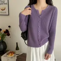 【剪刀领】新款复古开衫撞色紫色长袖显瘦百搭针织衫女