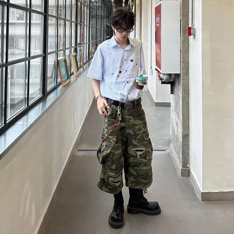 美式复古迷彩破洞牛仔短裤男款夏季高街大口袋工装宽松直筒七分裤