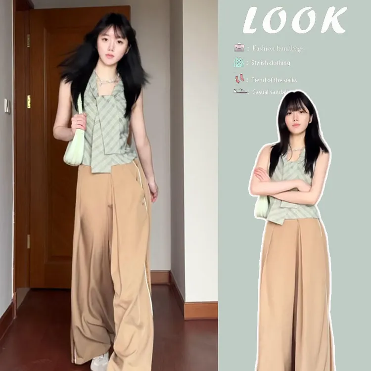 夏季温柔系穿搭女2025新款时尚设计感无袖上衣遮肉阔腿裤两件套装