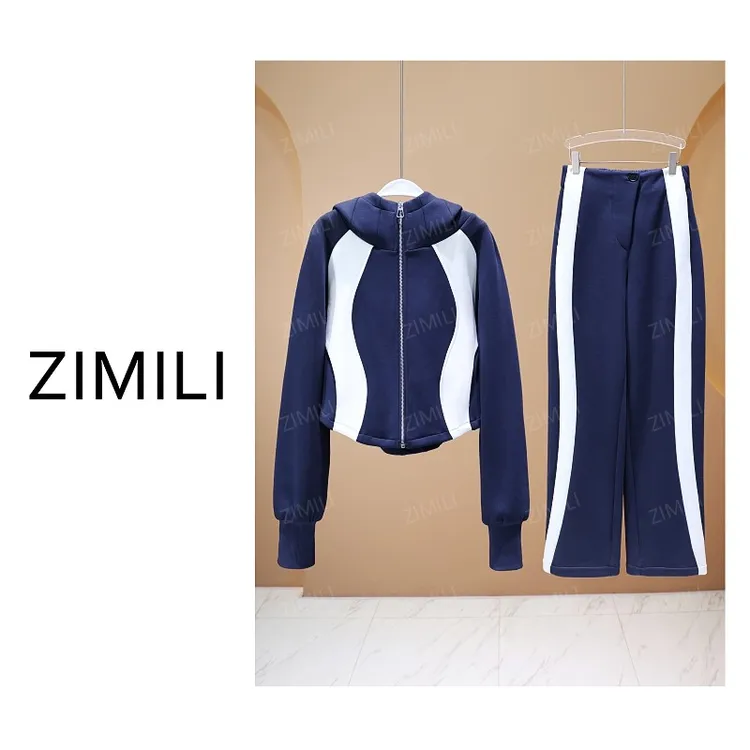 【亮哥女装】2025秋冬新品《斑纹》藏蓝色撞色拼接休闲套装2785-Q3