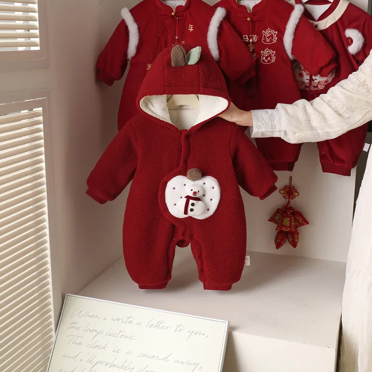 婴儿连体衣冬装厚款棉衣加绒夹棉周岁宝宝礼服新生儿外出服过年服