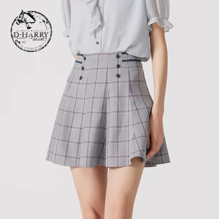 D-HARRY/迪哈利2024夏新款复古学院灰紫色格纹中短裙DH242M97110D