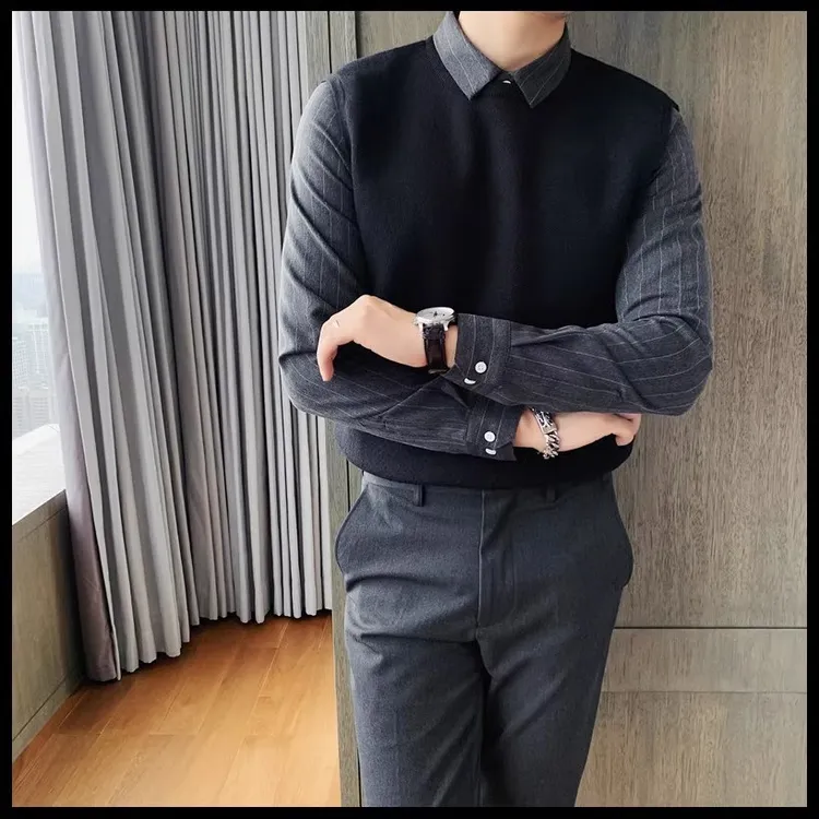 假两件套衬衫毛衣男士长袖春秋款男装上衣内搭拼接衬衣针织打底衫