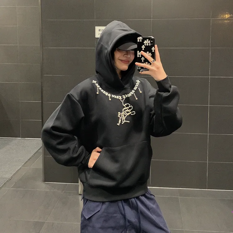 QIUYIDAODI连帽卫衣男厚款重磅珍珠镶嵌上衣秋季潮牌rap套头上衣