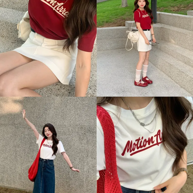 心蓝家 玩转撞色 植绒字母休闲正肩T恤小个子短袖穿搭女显高150Xs