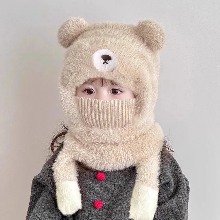 儿童帽子秋冬一体帽子围脖口罩会叫三件套男女童厚款宝宝加绒保暖