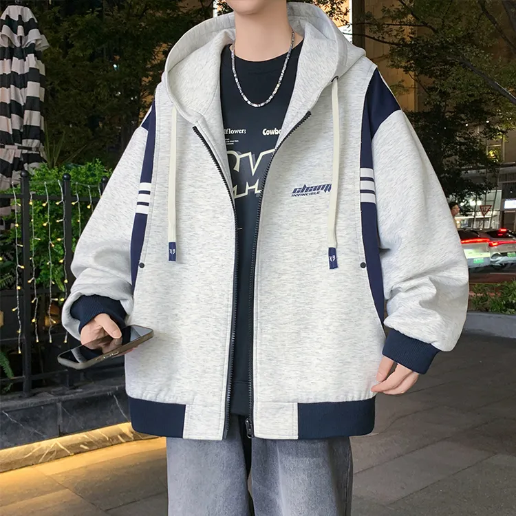 春秋新款男女中性美式简约潮流连帽长袖外套宽松拼色百搭休闲夹克
