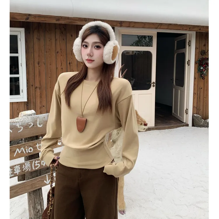 加绒加厚双面绒 纯色休闲圆领收口显瘦宽松蝙蝠袖秋冬上衣长袖女