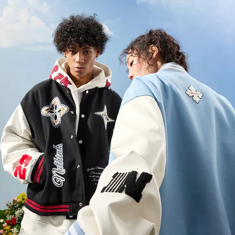 潮牌棒球服美式复古珍珠刺绣夹克外套重磅宽松男女同款2025冬新款