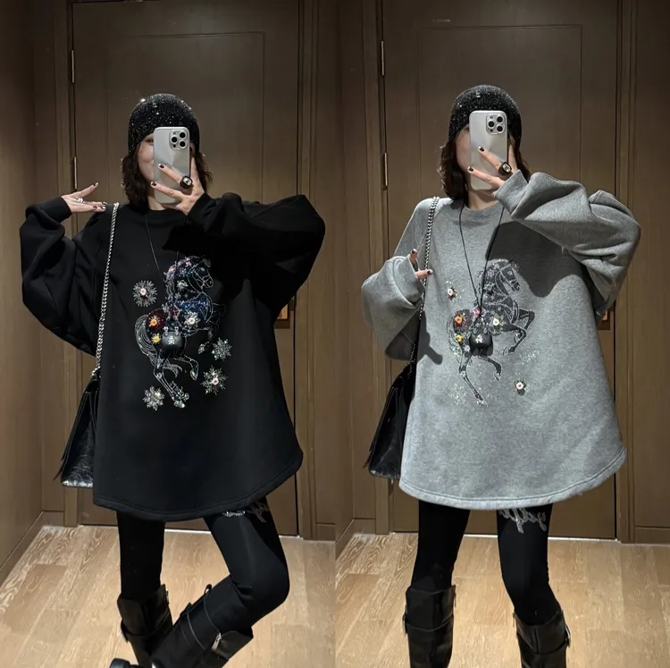 YDFSTUDIO小众【梦马彩虹】欧货重工烫钻设计时尚百搭加绒显瘦卫衣