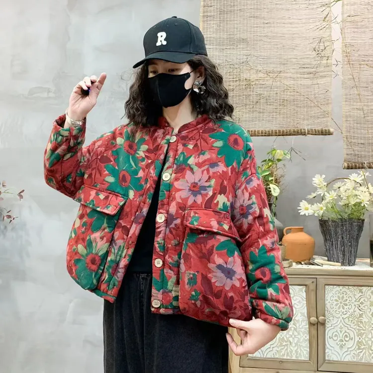 冬季新款宽松加厚加绒加棉复古时尚休闲砂洗炒色工艺花色保暖棉袄