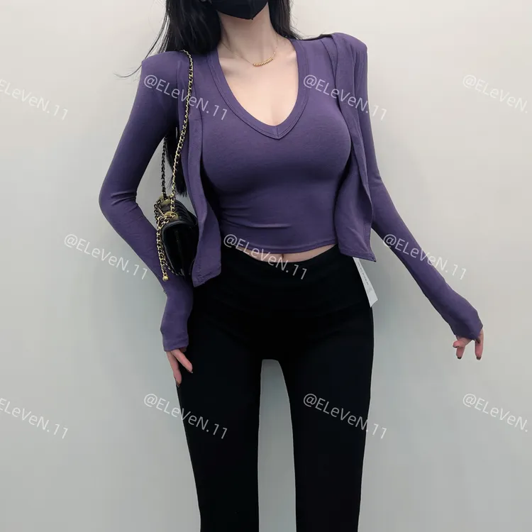 洋气～百搭垫肩上衣V领背心垫肩开衫长袖T恤两件套短款女春秋新