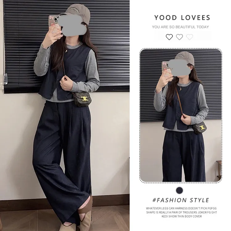 时尚休闲套装女2026春秋新款气质显瘦假两件撞色上衣阔腿裤两件套