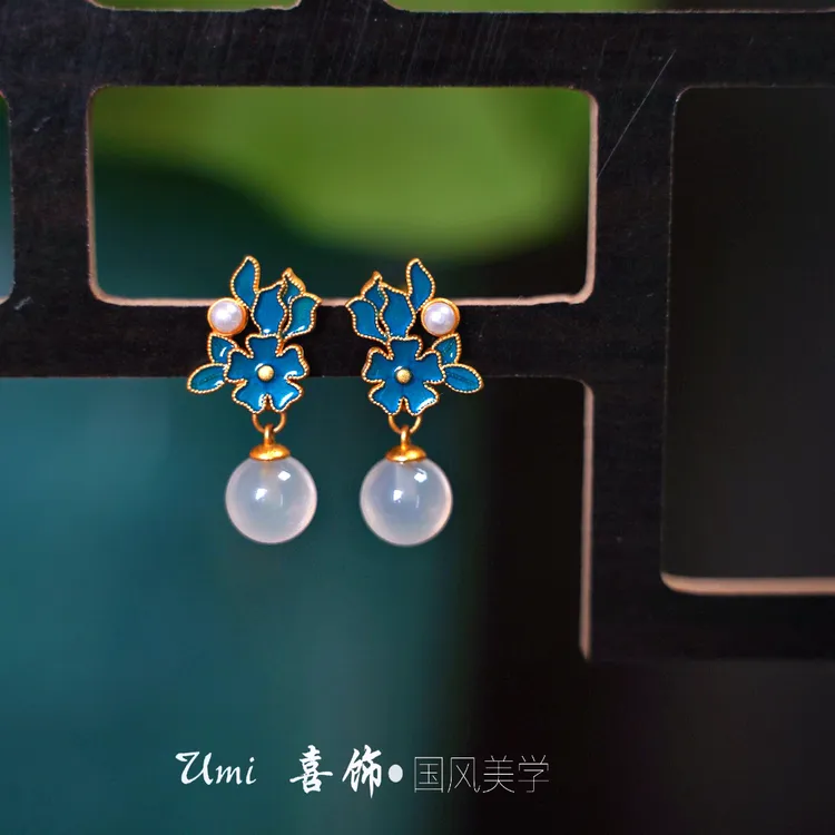 铜合金耳饰 新中式s925银针古典复古花卉耳环珐琅彩景色泰蓝