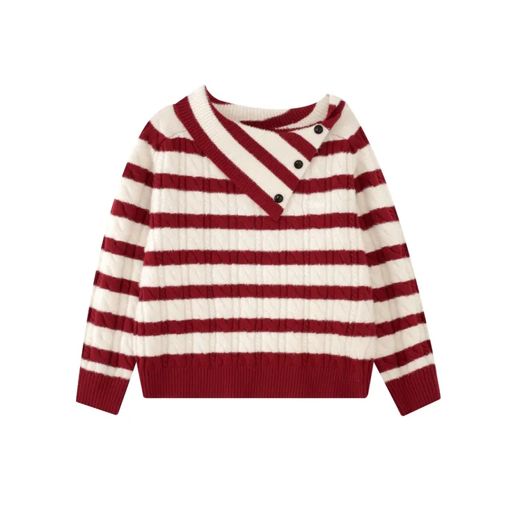 F426「雪落圣诞」潮牌冬季氛围感穿搭新款斜肩条纹绞花红色毛衣0245