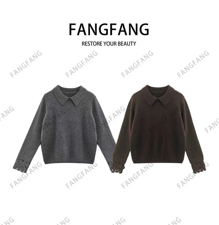 F.F翻领镂空袖长袖秋冬款毛针织衫打底衫毛衣休闲时尚带帽3361