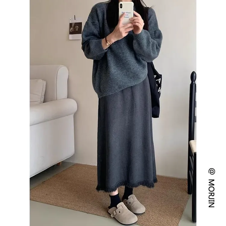 流苏边A字针织伞裙2025秋冬季韩版宽松显瘦休闲半裙高腰直筒长裙
