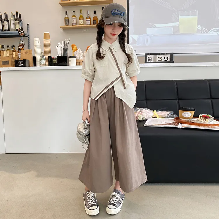 女大童2025新款夏季不规则短袖上衣洋气阔腿裤女孩学院风衬衫套装