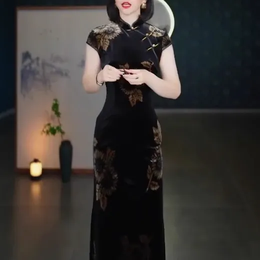 夏高端时尚复古中国风改良旗袍印花长裙女气质收腰显瘦优雅连衣裙