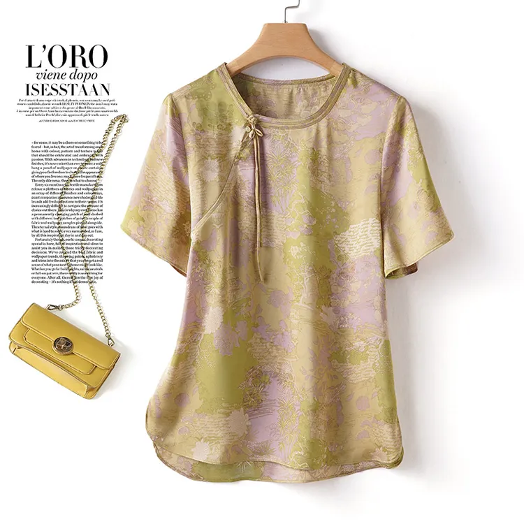 百搭圆领短袖大码复古文艺桑蚕丝T恤夏季气质国风新中式重磅上衣